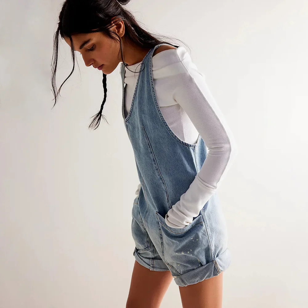 

Women Playsuits Denim One Piece Rompers Shorts Overalls Solid Pockets Backless Sexy High Waist Jumpsuits Loose Washing Basics