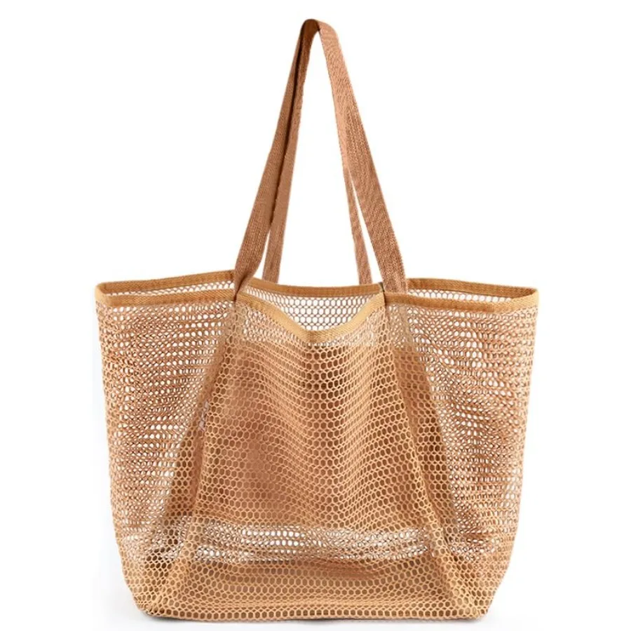 

HOHOM Beach Bags for Women, Summer Travel Mesh Tote Bag with Large Inner Pocket, Sandproof Woven Shoulder Handbag