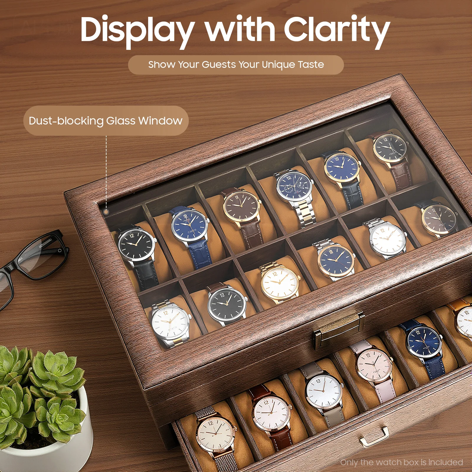 

2-Tier Watch Holder Organizer With 24 Compartments Large Capacity Watch Box Wood Watch Case for Men and Women
