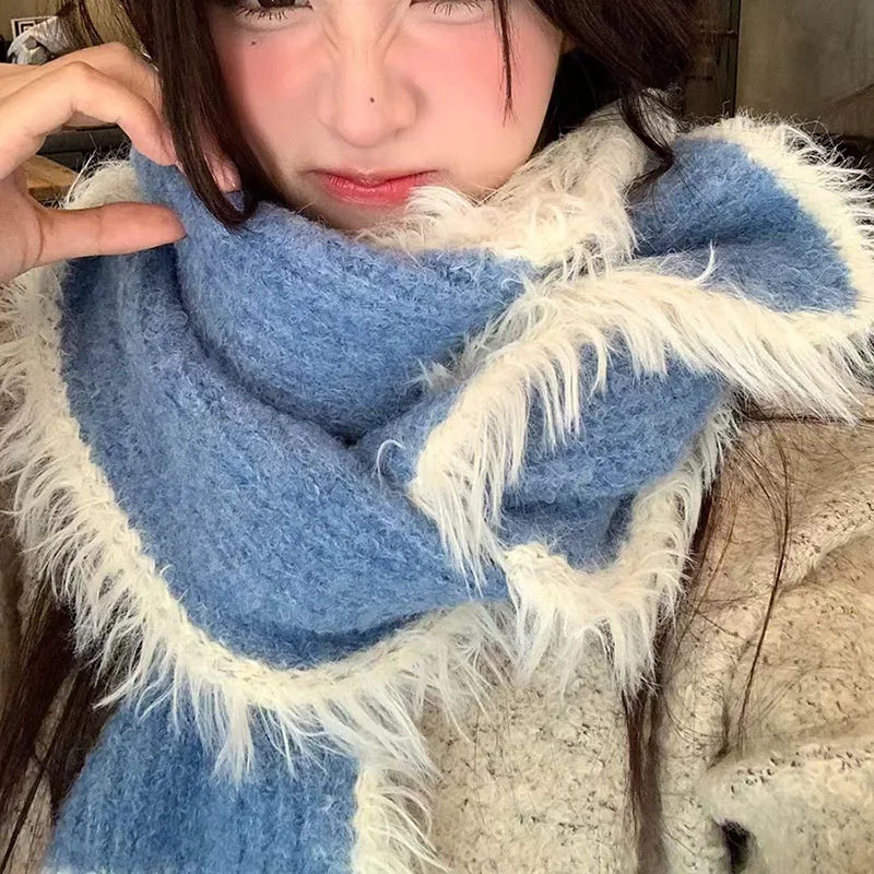 

Новый зимний шарф для женщин, утолщенный шерстяной вязаный модный пушистый теплый шарф для шеи, универсальный шарф с цветными блоками