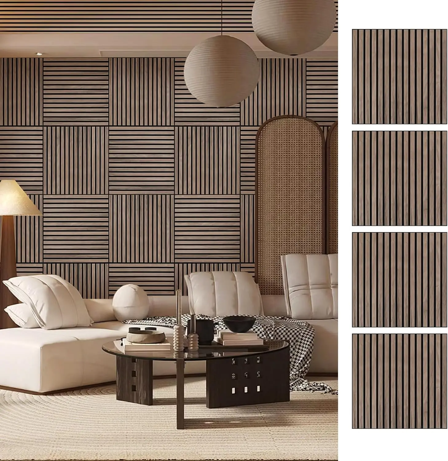 

4 PCS Walnut Wood Panels for Wall, Wood Slats for Wall Soundproof Wood Panels 23.6" W x 23.6" L