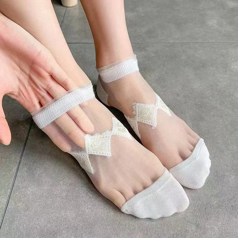 5 Pairs Summer Women White Glass Silk Breathable Sexy Transparent Socks Low Tube Thin Bubble Short Socks