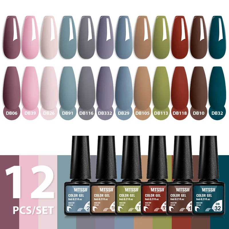 MTSSII 12Pcs/Set Sparkly Pink Red Taro Purple Gel Nail Polish Nail Art LED UV Gel Varnish For Nails Manicure Kit Nail Supplies