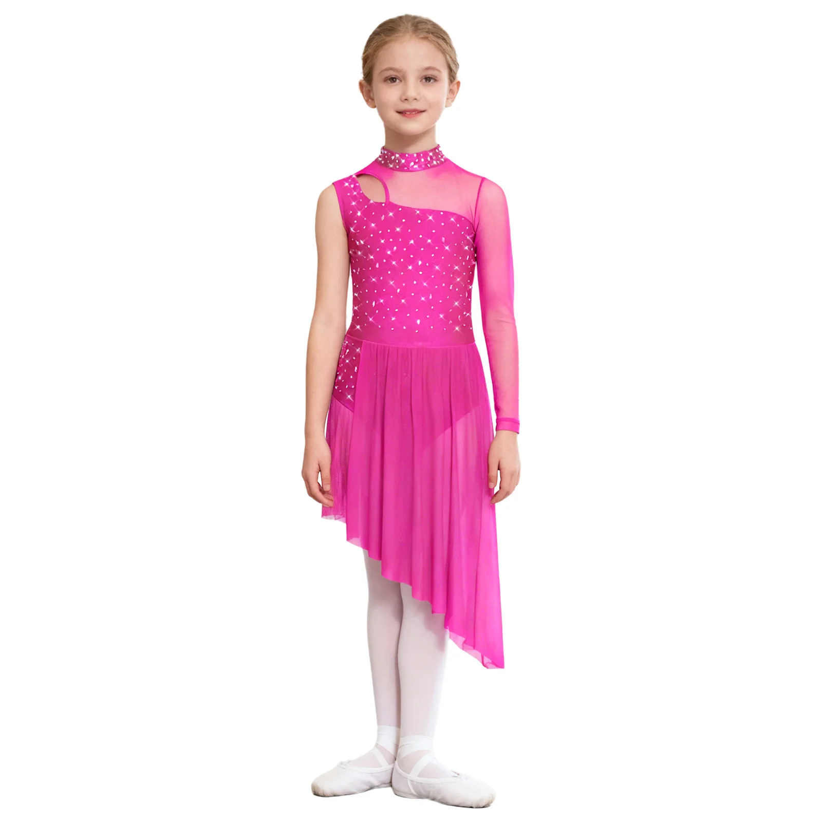 Kids Girls Side Split Skating Dress Sheer Mesh Ballet Leoatrd Dress Cutout Children Rhinestones Dancewear Lyrical Dance Costume