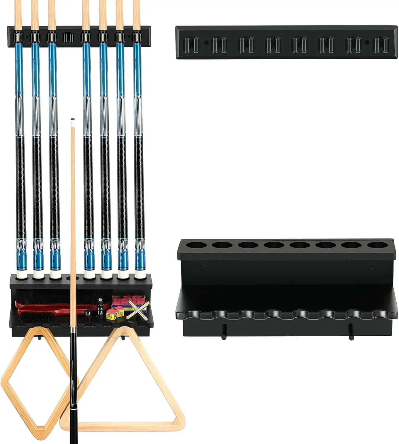 

Hardwood Pool Cue Rack Holder for 8 Sticks, Billiards Table Accessories Storage Organizer