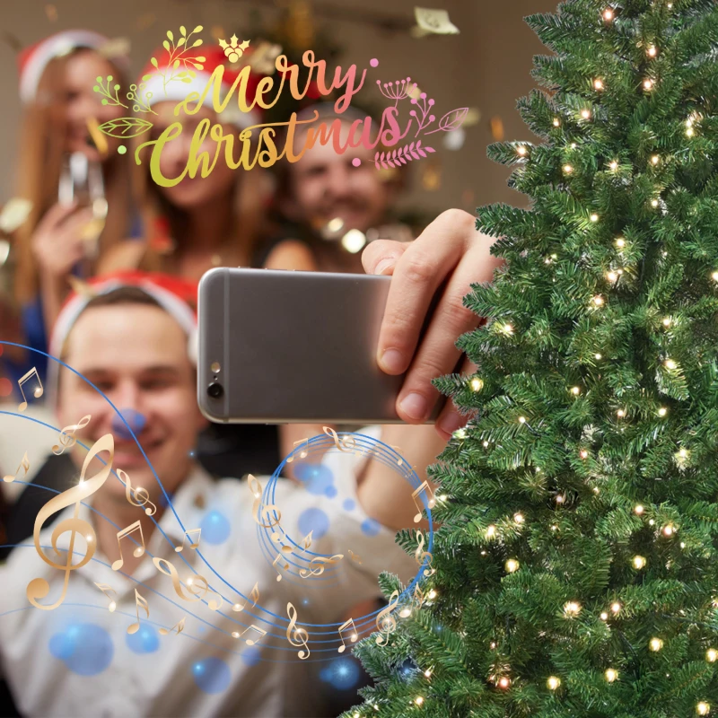 Árvore de Natal verde de 9 pés com 620 luzes LED RGB controladas por WiFi, 1721 pontas de PVC, 38 funções de luz, sincronização de música, estrutura articulada