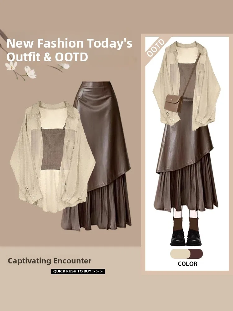 

Korean Style Casual Chiffon Shirt Spring 2026 New Arrival Slimming Patchwork Skirt Three Piece Set Long Sleeve Collar