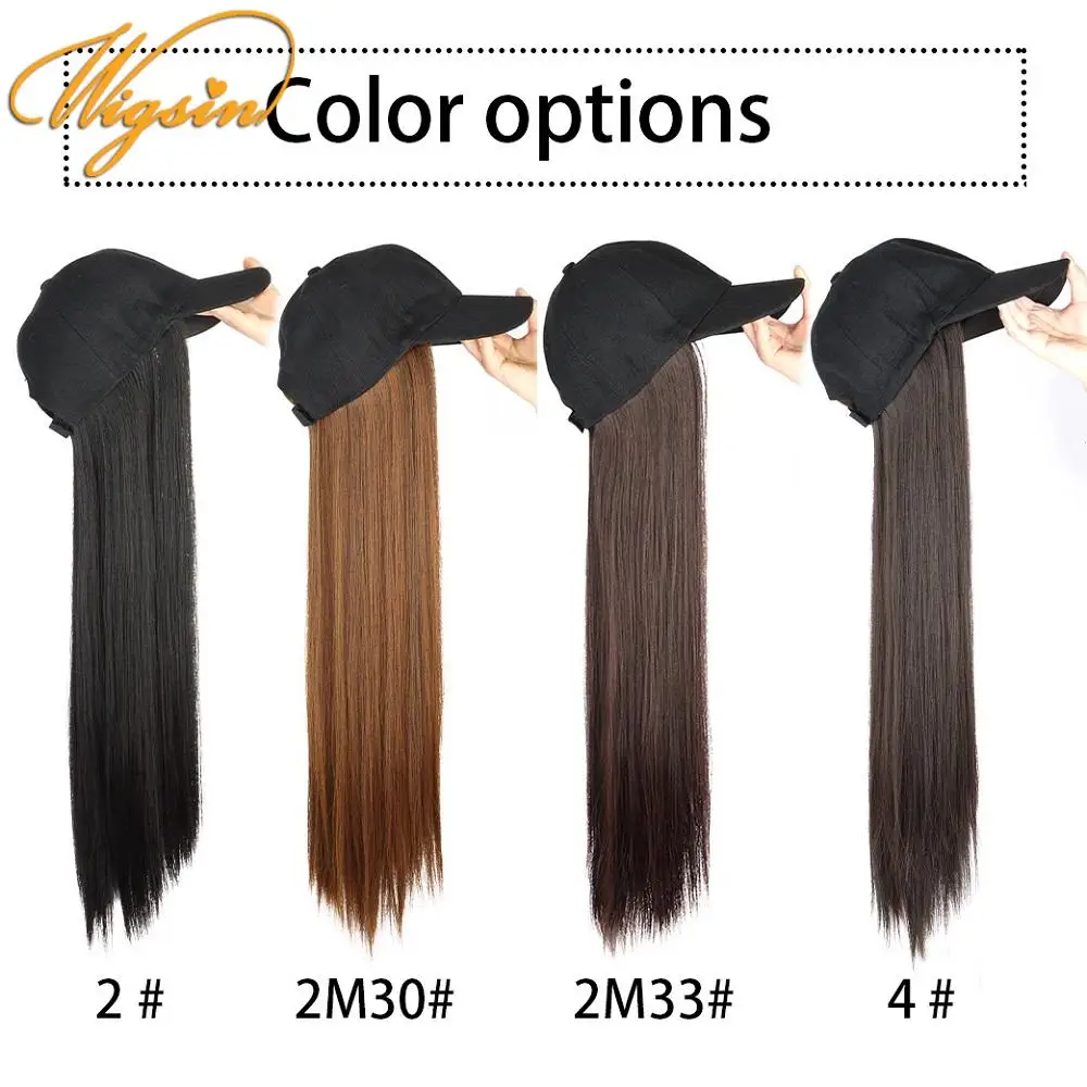 WIGSIN 24Inch Long Straight Synthetic Wig Baseball Cap Hair Extensions Hat Wigs Black Brown Adjustable Hairpiece for Women