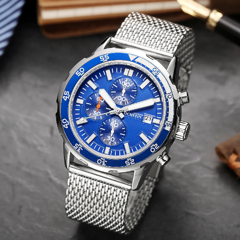 OCHSTIN Male Watch Analog Quartz Stainless Steel Mesh Band Luminous Waterproof Military Sports Original Wristwatch Gifts for Men
