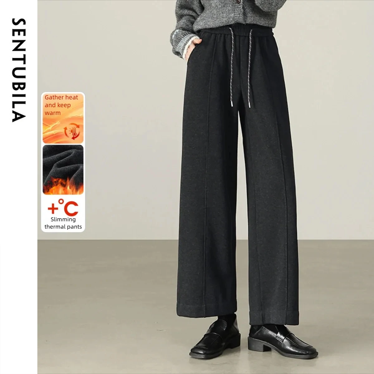 

SENTUBILA Women Fleece Lined Warm Pant 2025 Winter Elastic High Waist Wide Leg Trousers Casual Seatpants Woman Clothes W54KD5028