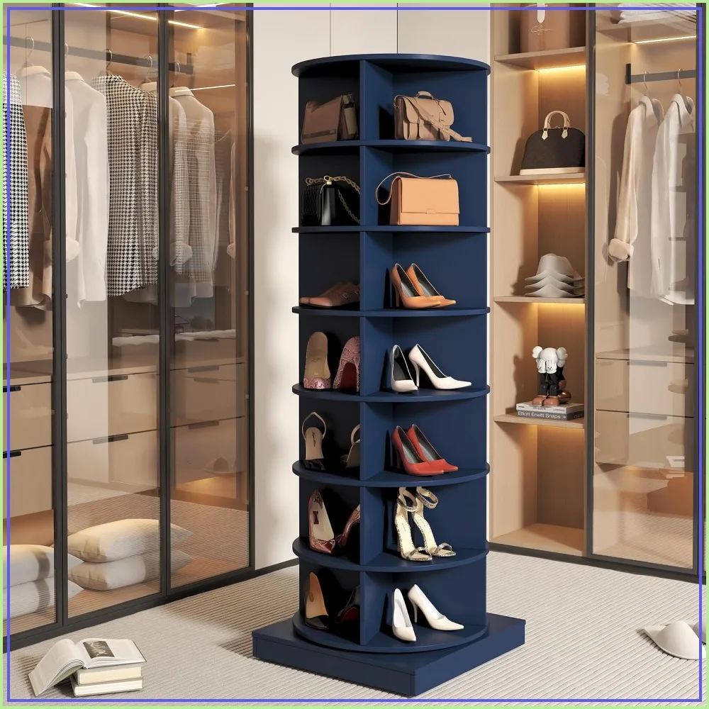 Rotating Shoe Rack Tower Wooden Spinning Organizer 360° Revolving 7-Tier Smoke Blue