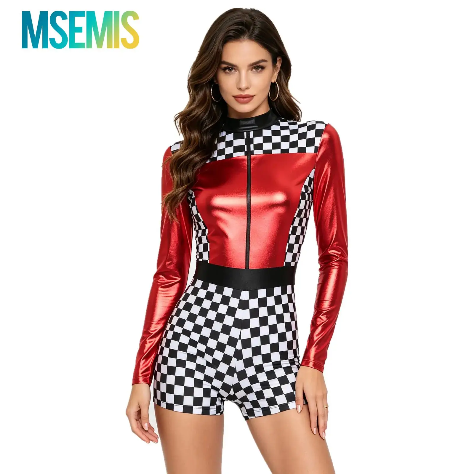 Womens Racer Romper Bodysuit Cheerleading Uniform Long Sleeve Boyshorts Checkerboard Print Driver Jumpsuit Halloween Costumes