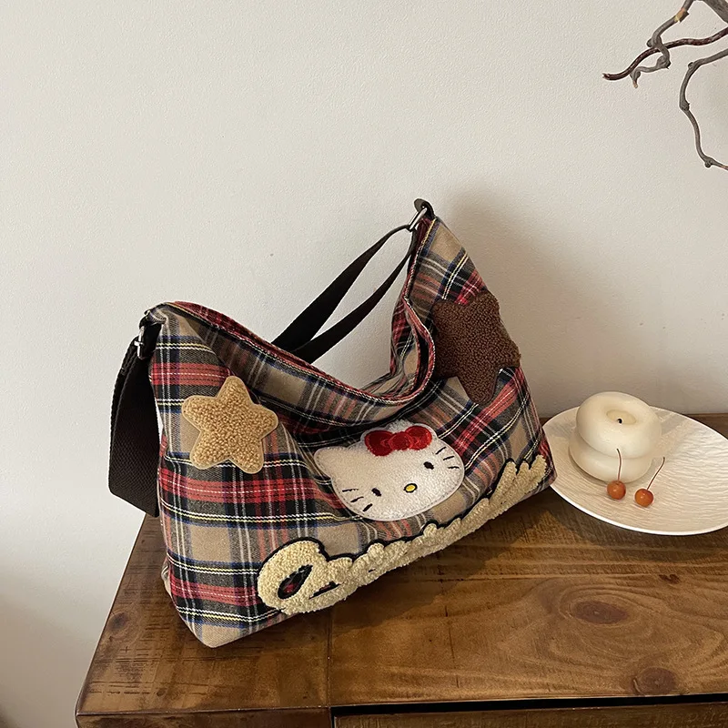 

Sanrio Hello Kitty American Retro Canvas Bag Women'S New Large Capacity Cute Cartoon Single Shoulder Crossbody Bag Kawaii Bags