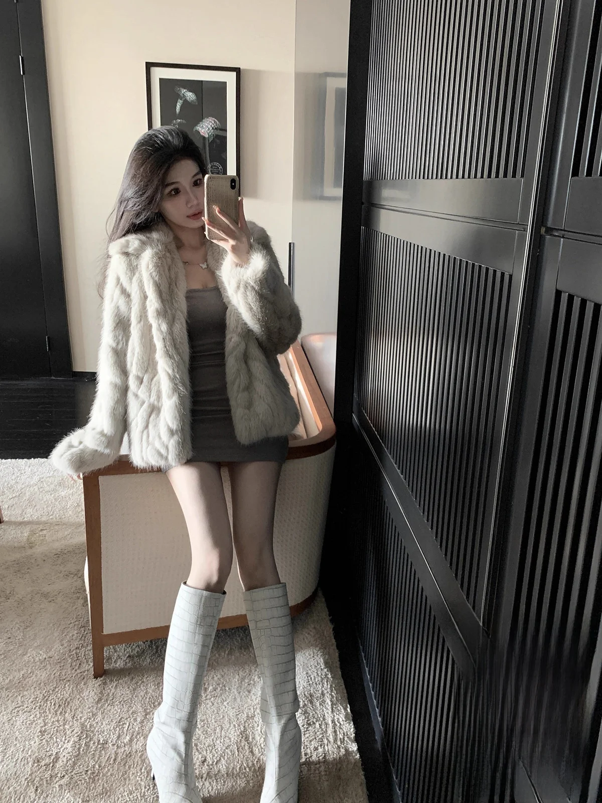 

Kubiliv Grey Fur Collar Warmth Outerwear Eco-Friendly Luxury Fashionable Women's Long Sleeve Coat Korean Style Commute