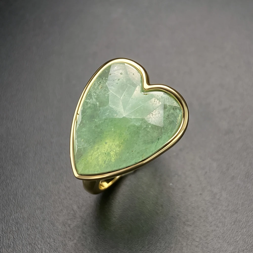 New Design Natural Green Strawberry Quartz Rings Yellow Gold Gemstone Heart 15*18mm for Women Birthday Party Gift Daily Wear