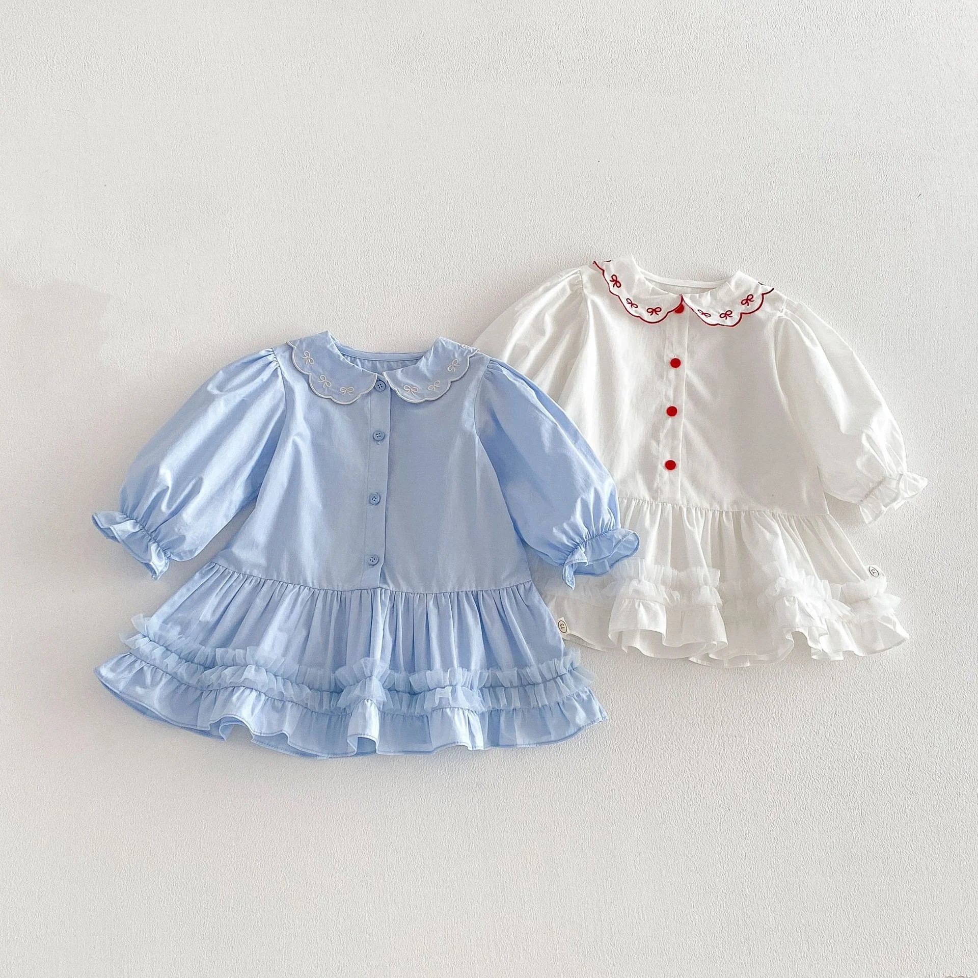

2026 Spring Infant Short Shirt Dress for 0-5T Girls Korean Style Embroidered Peter Pan Collar Baby Girls Princess Skirt Dress