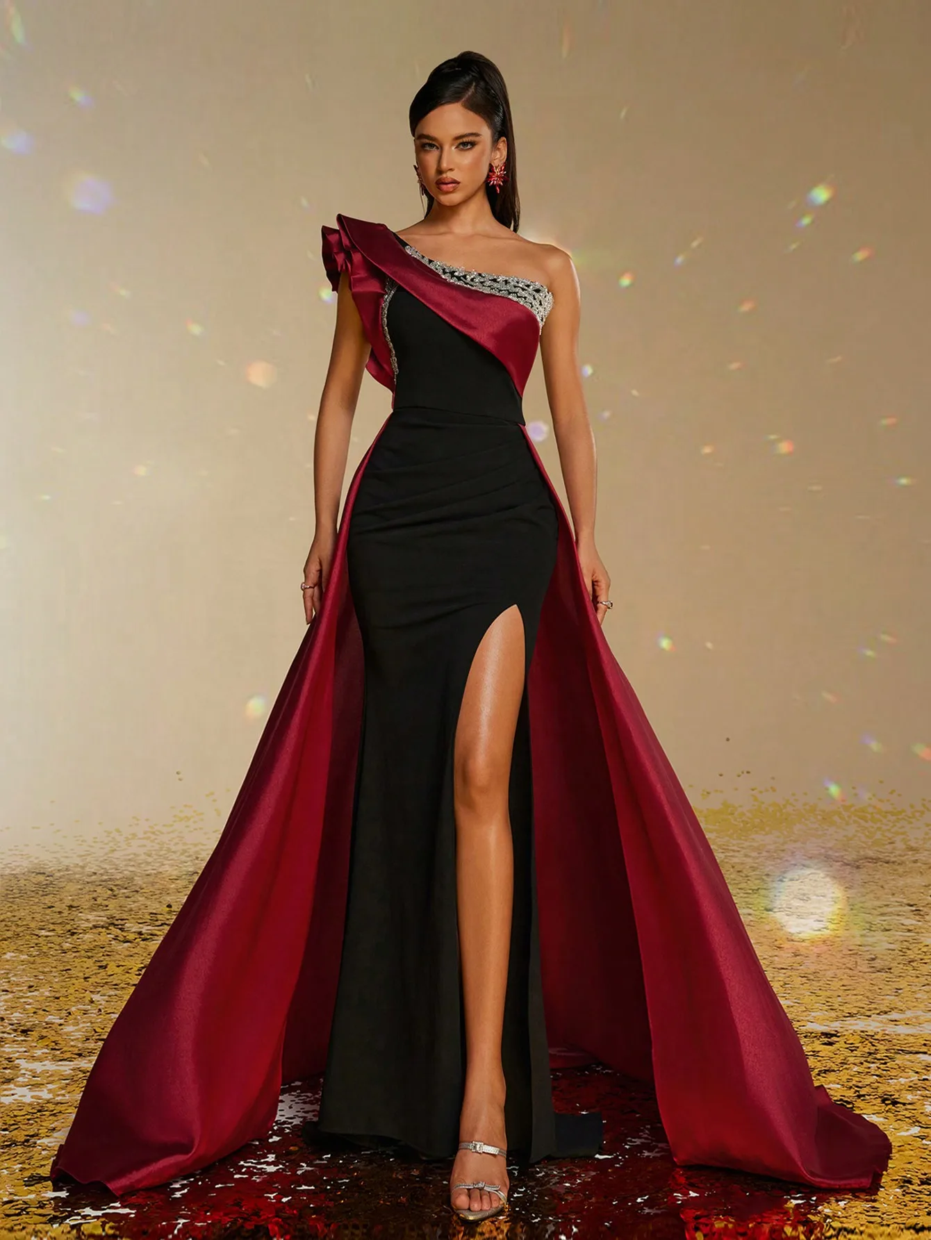 

Burgundy & Black Asymmetrical One-Shoulder High Slit Evening Gown for Prom, Wedding Guest, Graduation