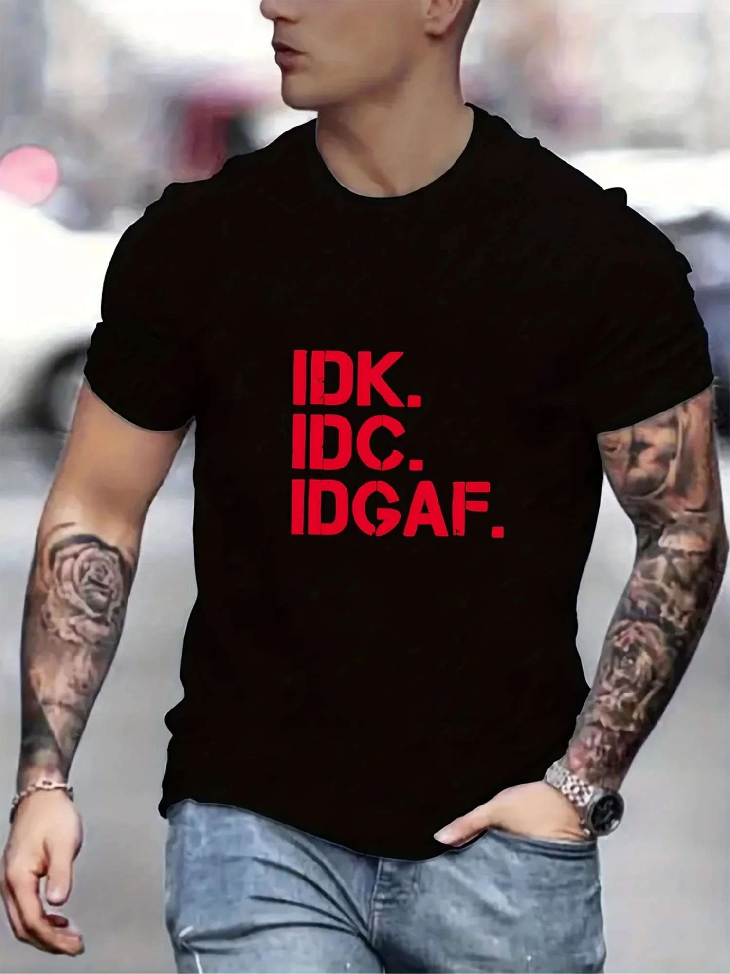 

"IDK.IDC.IDGAF." Black Cotton T-Shirt - Bold Red Letter Print, Comfortable Round Neck Top, Oversized Fit for Casual & Sports