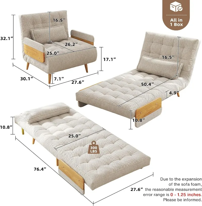 JASIWAY Convertible Sleeper Chair Bed for Adults 3 in 1 Linen Convertable Futon Chair with Pillow, Fold Out Single Sleeper Couch