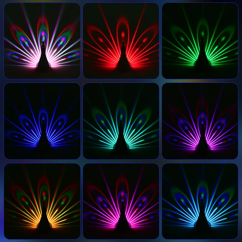 นกยูงโคมไฟบ้านรีโมทคอนโทรลติดผนัง Night Light ข้างเตียงที่มีสีสันบรรยากาศ Light Creative Birt
