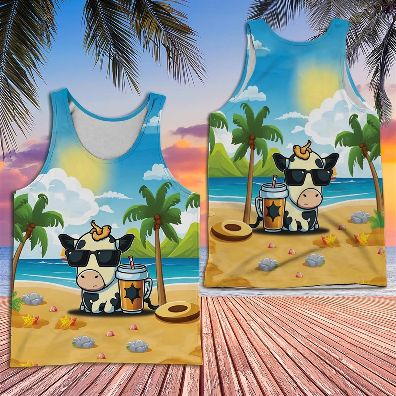 

Hawaiian Cow Beach Vest Harajuku Fashion Animal Tank Top For Men Clothes Casual Aloha Boy 3D Printed Waistcoat Y2k Kids Tops