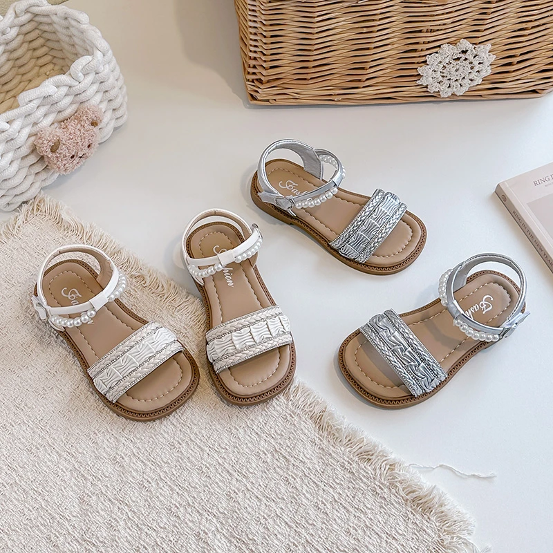 Mumoresip Summer Kids Sandals Girls Fashion Woven Pearl Princess Shoes Open-toe Breathable Toddler Non-slip Sandals for Walking