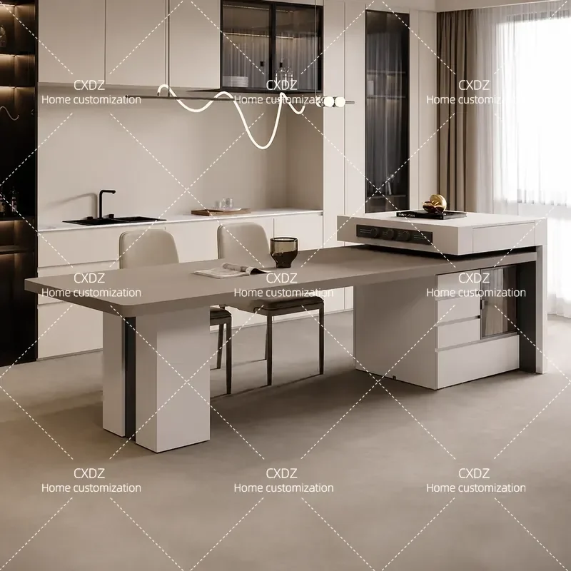Italian Minimalist Kitchen Retractable Island Dining Table Integrated High End Household Modern Simple Microwave Oven Rock