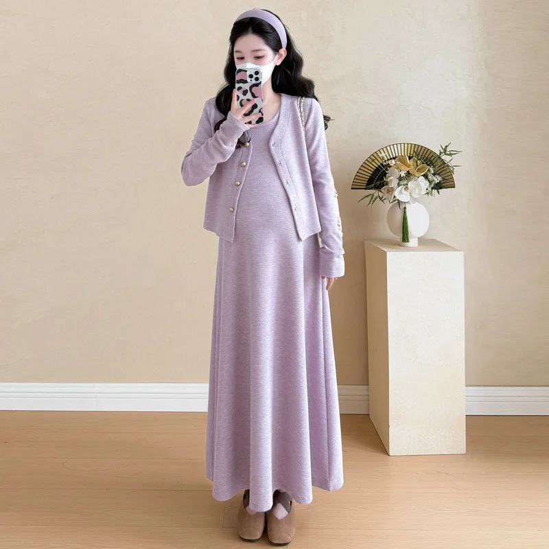 Elegante na moda vestido de maternidade conjunto para mulheres grávidas moda waffle malha duas peças roupa elegante outono gravidez wear