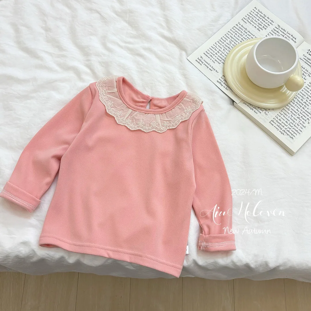 Autumn Babys Girl Undershirt Cotton Lace Collar Long Sleeve Toddler Girl Bottom Tops Loose Solid Versatile Infant Girl Pullovers