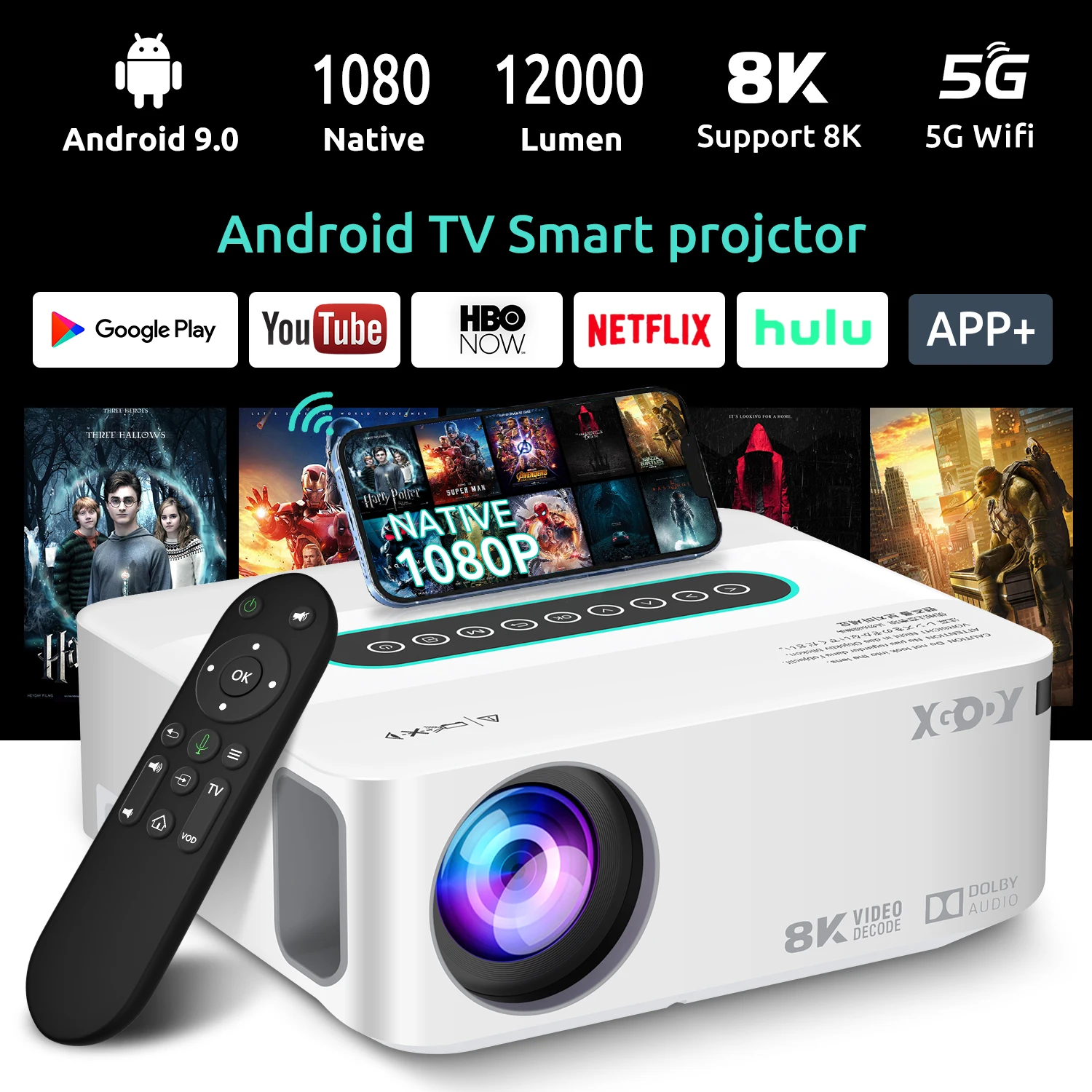 XGODY X1 Projector Full HD 1080P WiFi LCD LED 8K Video Movie Beam Android Projector Home Theater Cinema Beamer 2GB 16GB