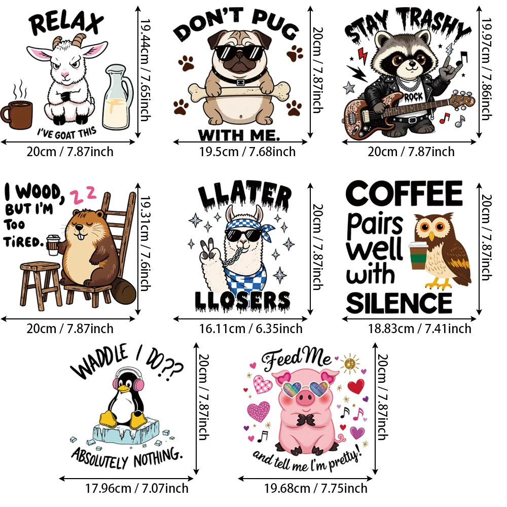 Set of 8 Humorous Animal Phrase Iron On Stickers, Funny Sarcastic Pet Heat Transfer Decals for T-Shirt & Hoodies