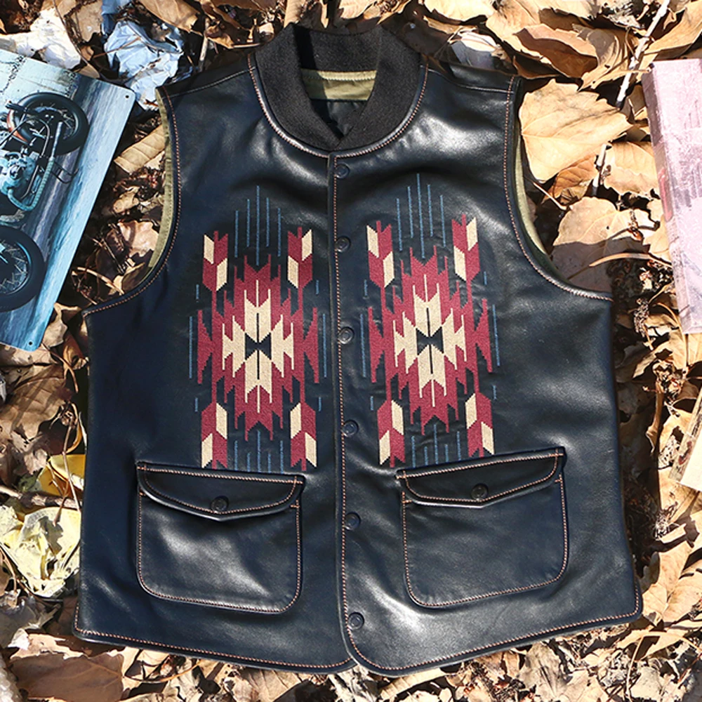 Vintage Casual Brand Mens Sheepskin Wasitcoat Summer Spring Embroidery National Totem  Man's Vests Genuine Leather Tank Vests