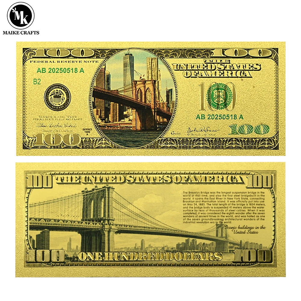 

10pc/lot US Brooklyn Bridge 100 Dollars Gold Banknotes Plastic Commemorative Money Collectibles Gift