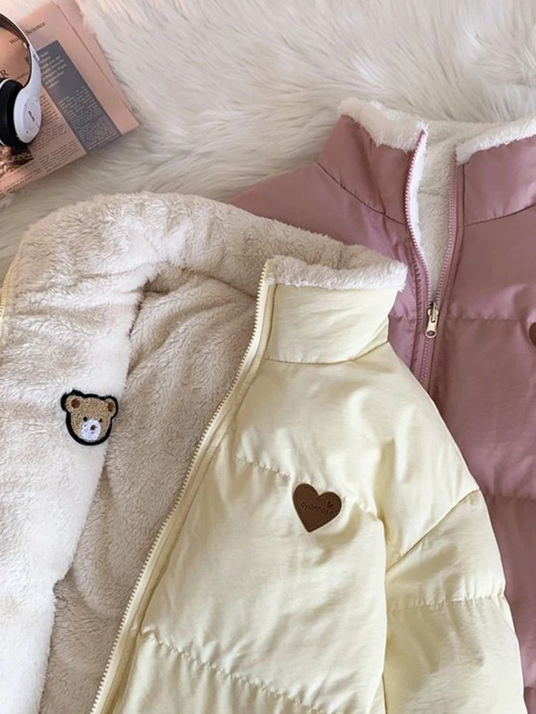 Jmprs Cute Embroidery Women Parkas Coat Winter Thick Hairy Korean Loose Warm Double Sided Design Pink Student Clothes
