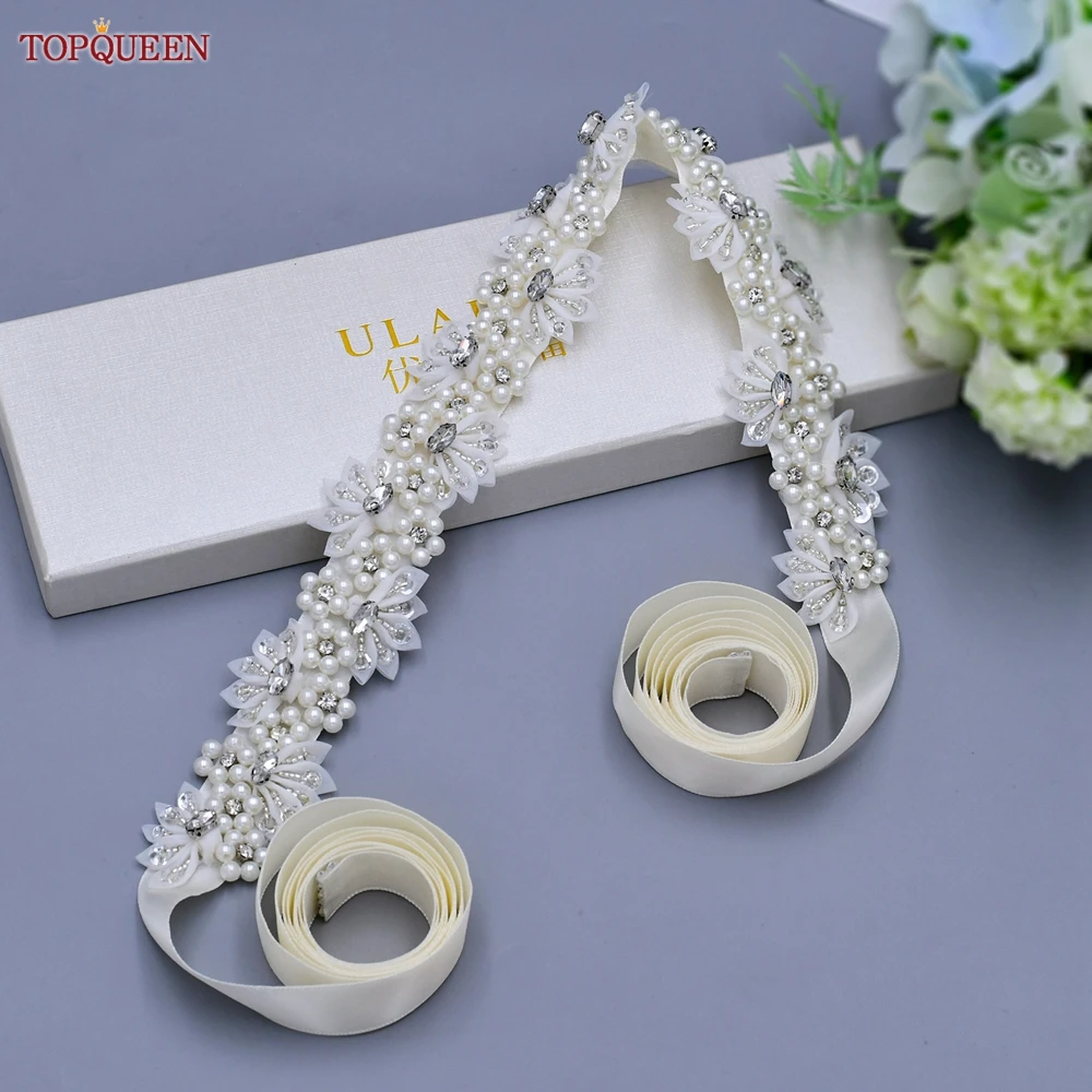 TOPQUEEN Hand Sewn Princess Bridal Belt Pearl Flower Wedding Belt Fashion Evening Gown Accessories Bohemian Woman Belt S232