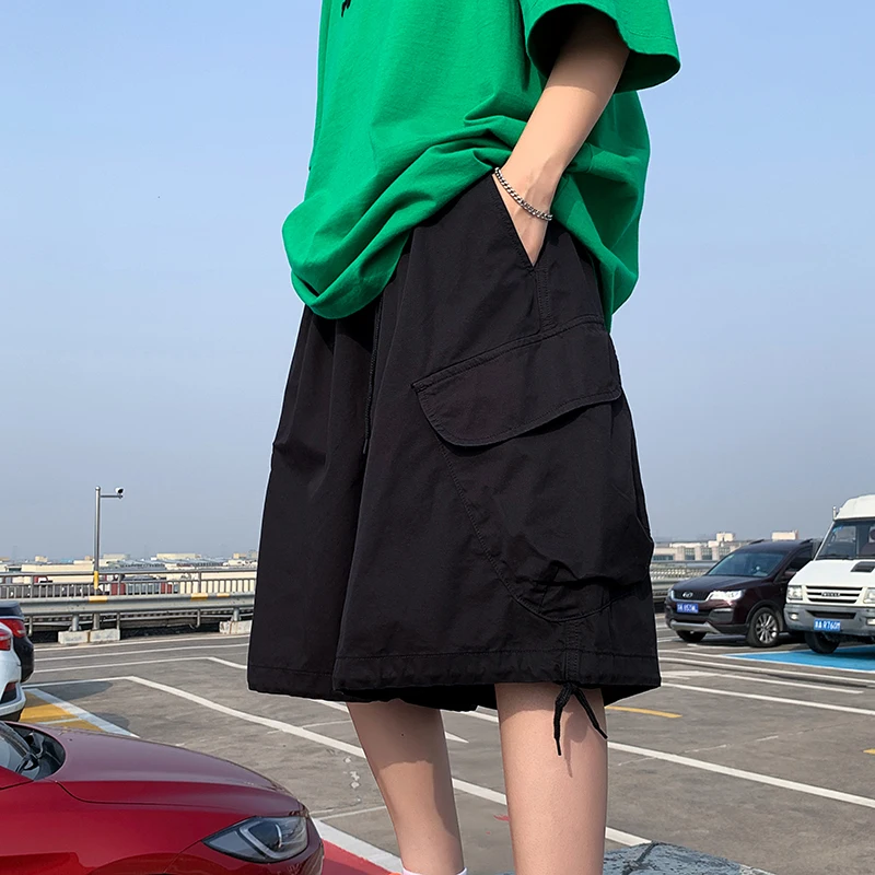 アメリカンレトロワークウェアオーツメンズトレンディサマーカジュアルハイストリートDストリングワイドレッグパンツケットディテールストレートカット