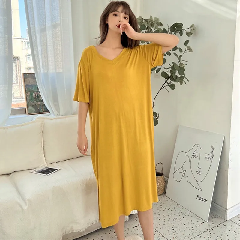 

Fdfklak New Modal Basic Nightgown Nightie Long Women Home Dress Summer Pregnant Sleepwear Sexy Night Shirt Loose Nightwear