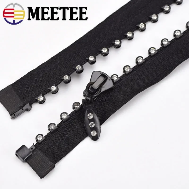 1Pc Meetee 50/60/70cm 5# Resin Rhinestone Zipper Open-End Auto Lock Diamond Decoration Zips for Jacket Coat DIY Sewing Zippers