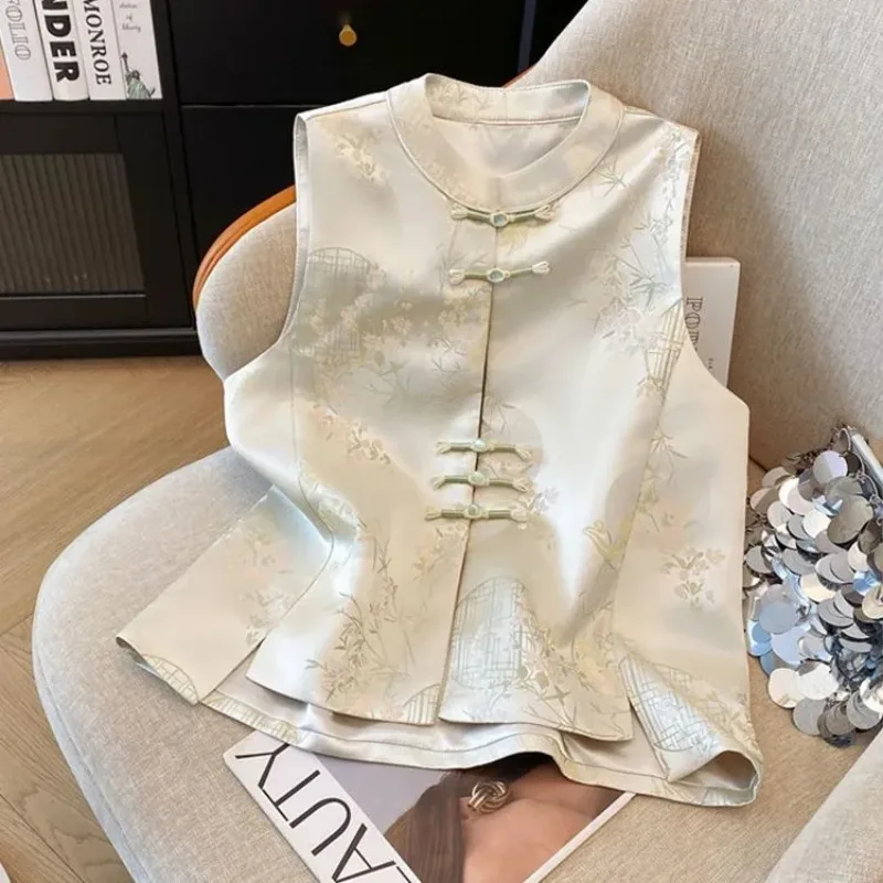 Women's Chinese Style Satin Blouse Floral Print Vintage Jacquard Cheongsam Top