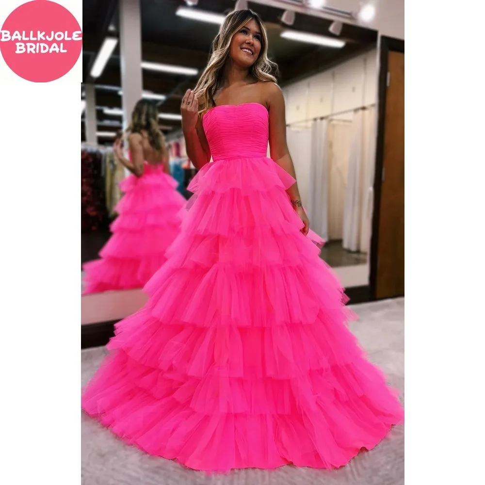 A-line Strapless Pleated Multi-Layers Tulle Long Prom Dress Puffy Prom Dress Vestido Dourado Longo Robe De Soiree  Evening Dress