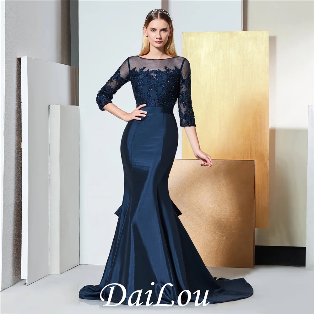 Trumpet Bateau Beading Sweep/Brush Bowknot 3/4 Length Floor-Length Sleeves Lace Taffeta Evening Dress