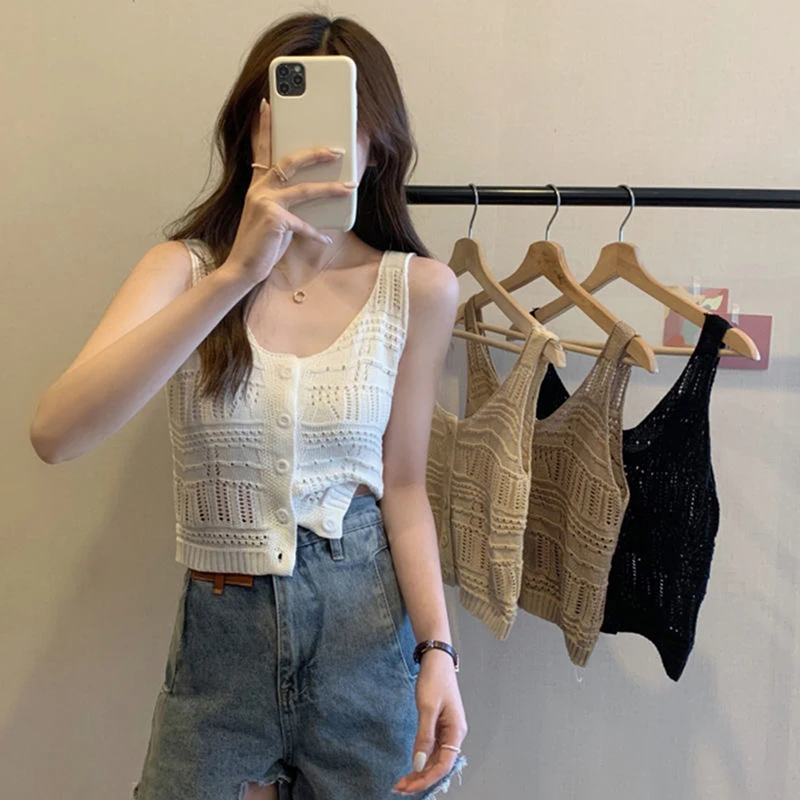 Women Hollow Out Knitted Tank Top Summer Solid Color Sleeveless Button Slim Crop Top