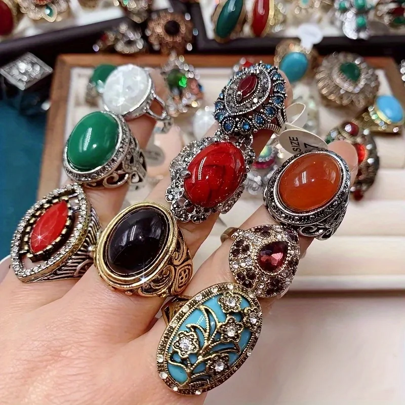 Random 20 Pieces of Retro Elegant Rings for Men and Women - Mixed Design Synthetic Turquoise and Zircon Geometric Birthstone Ring - Perfect for Parties, Weddings, Valentine's Day - Alloy Fashion Jewelry - Ideal Gift for Her or Him