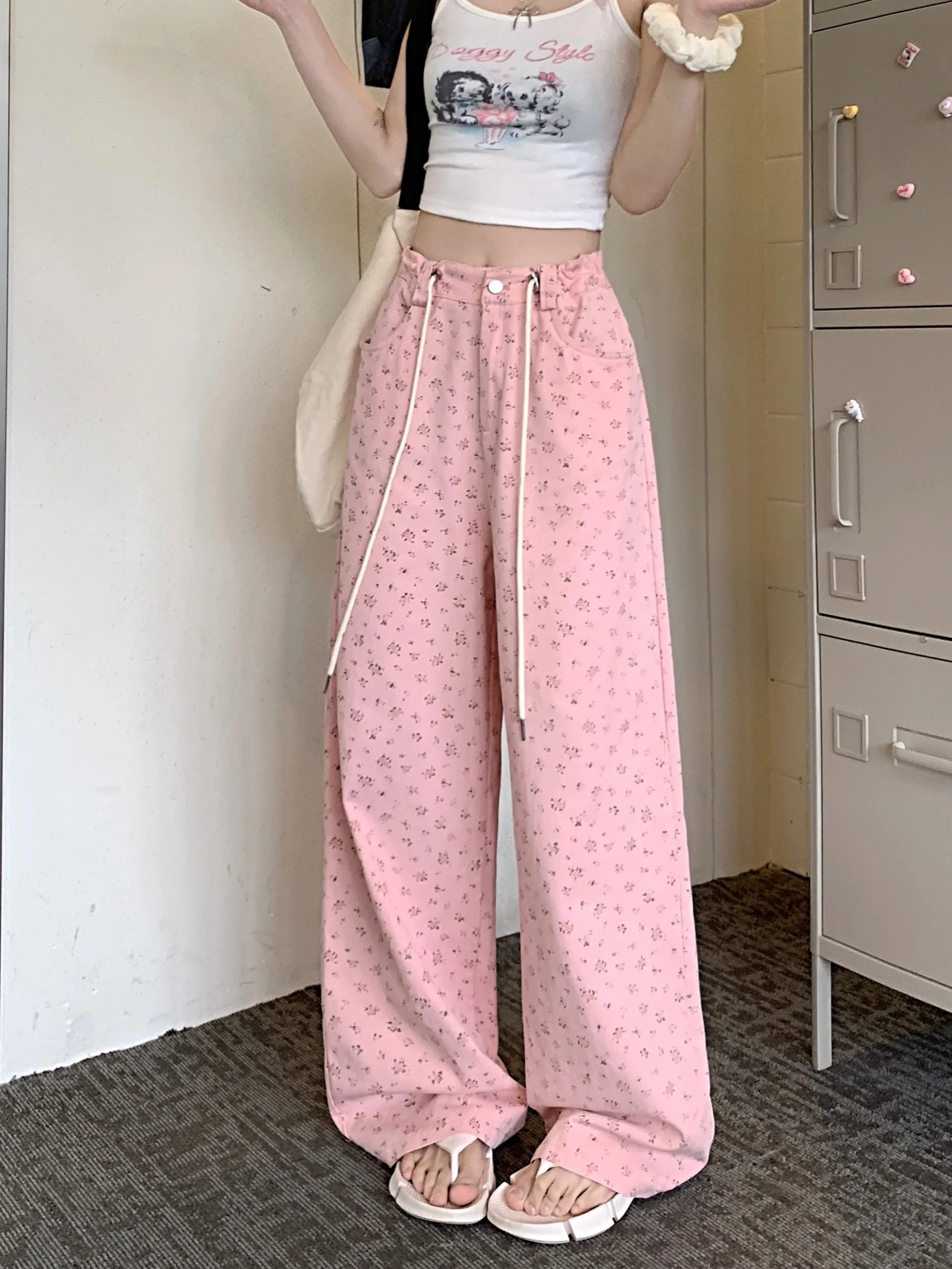 

Floral straight leg casual pants with high waist and slimming effect, loose drawstring wide leg pants, summer pants