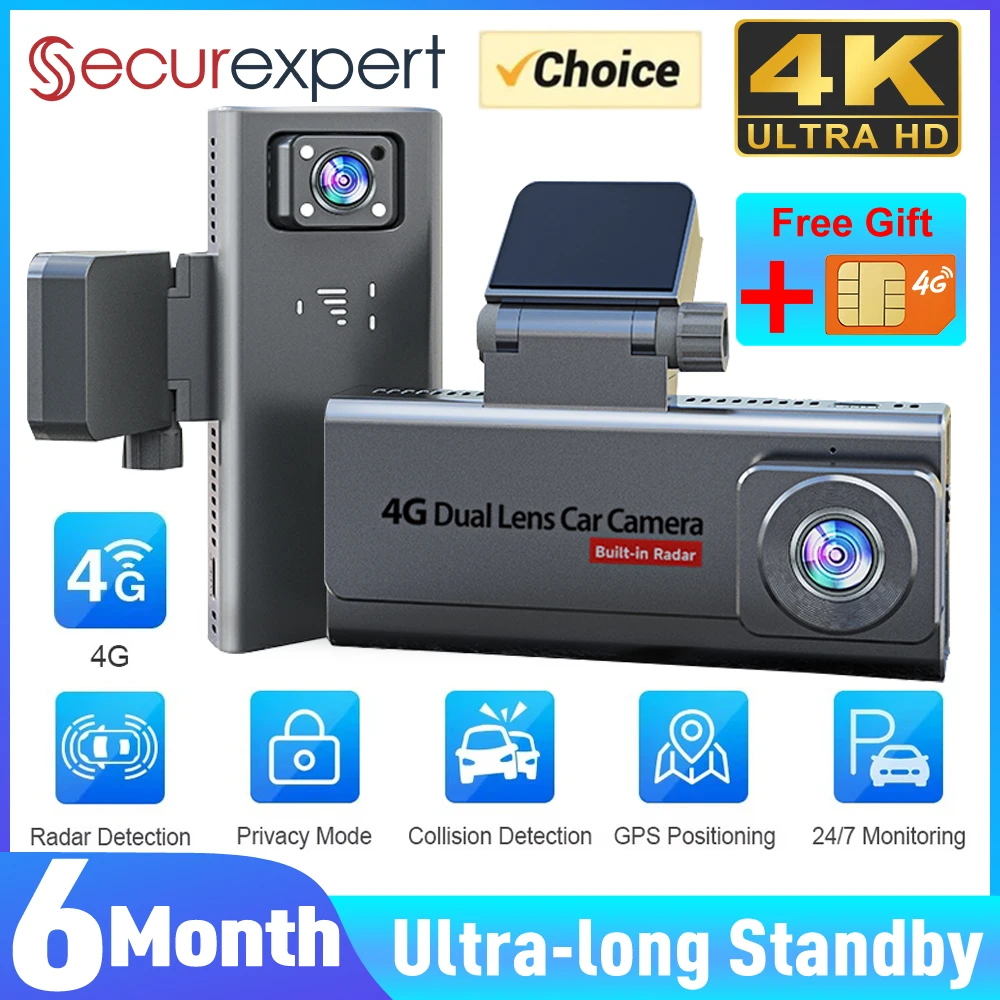 4G Sim Car Surveillance Camera 4K HD Dual Lens Dashcam GPS Human Detection All Round 6 Months Long Standby Parking Monitoring