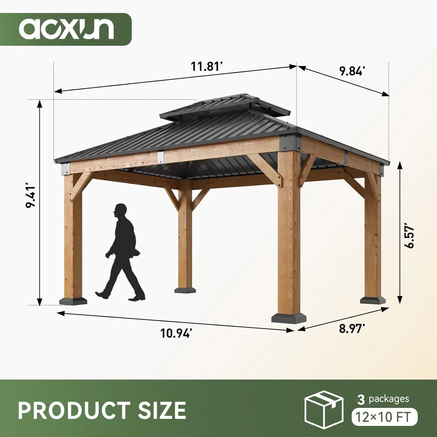 

10x10 Custom Outdoor Wood Gazebo, Hardtop + Galvanized Steel Double Roof, Permanent Pavilion
