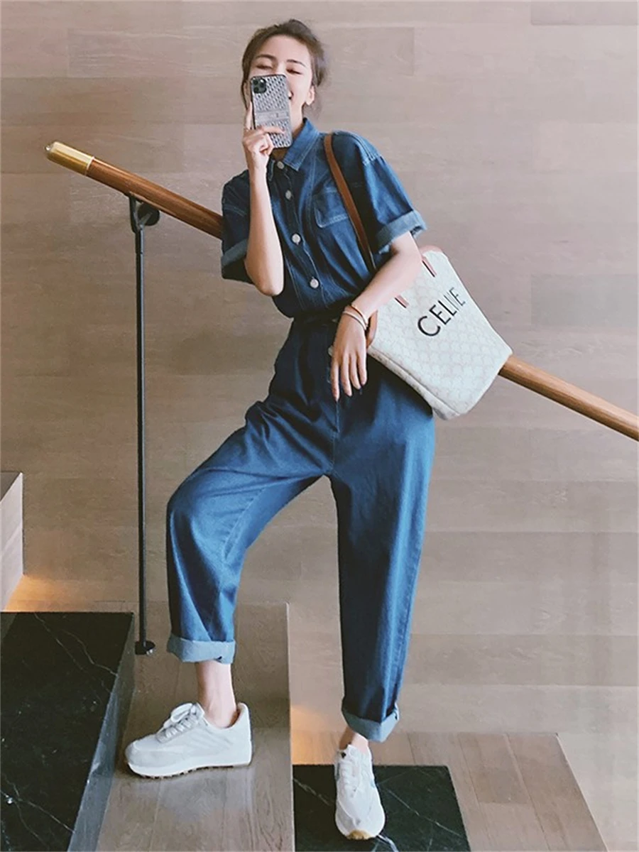 

Стильный тонкий джинсовый комбинезон для женщин, летний, с высокой талией, в стиле рабочей одежды, для повседневной носки, с карманами и пуговицами