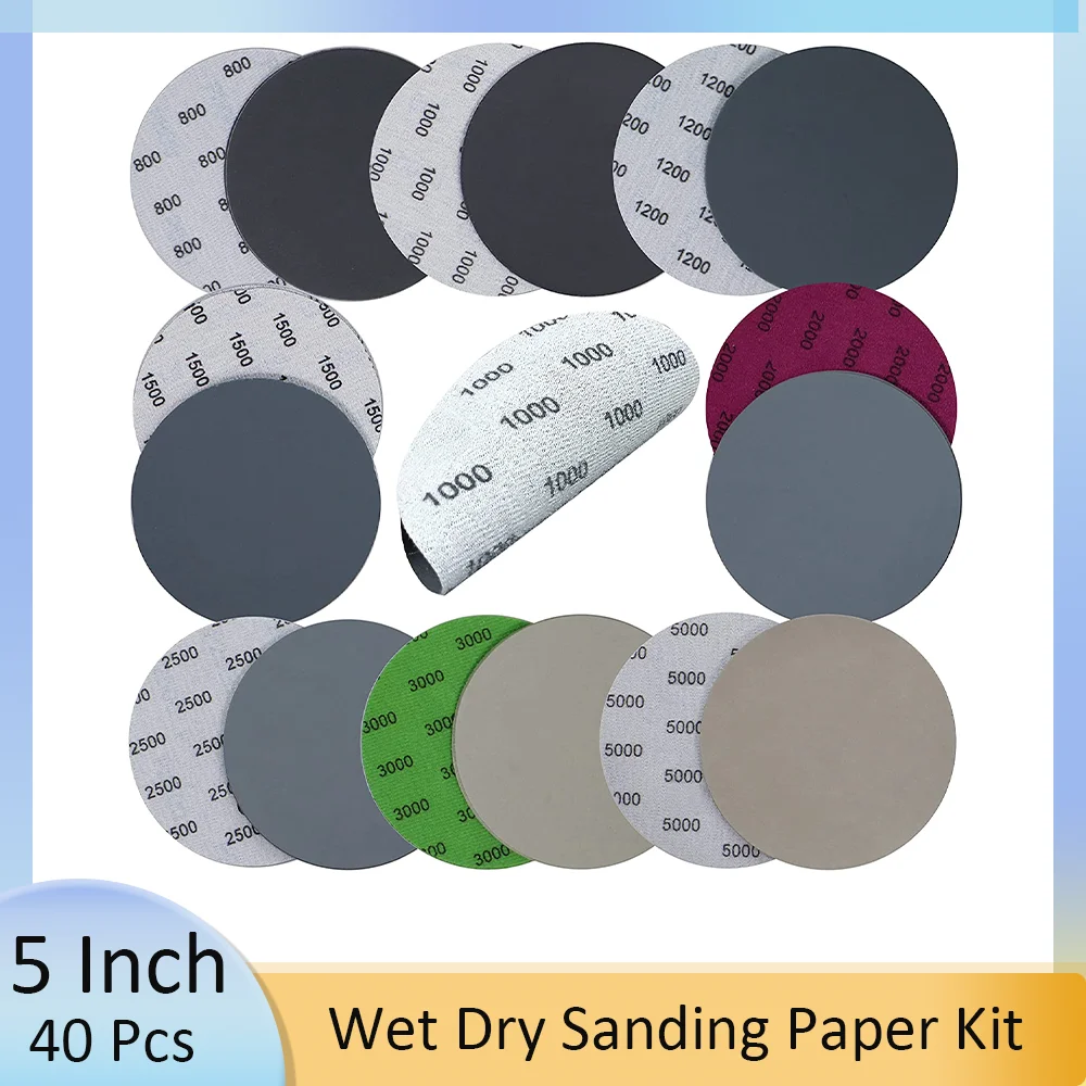 5 Inch Wet and Dry Sanding Paper Kit 40 Pcs 800-5000 Grits Sandpaper Compatible for for Metal Wood Rubber Leather Plastic Stone