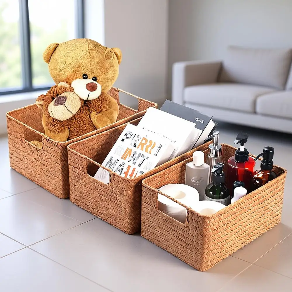 

Набор из 3 корзин для хранения из натурального морского тростника со встроенными ручками для организации разных размеров вещей