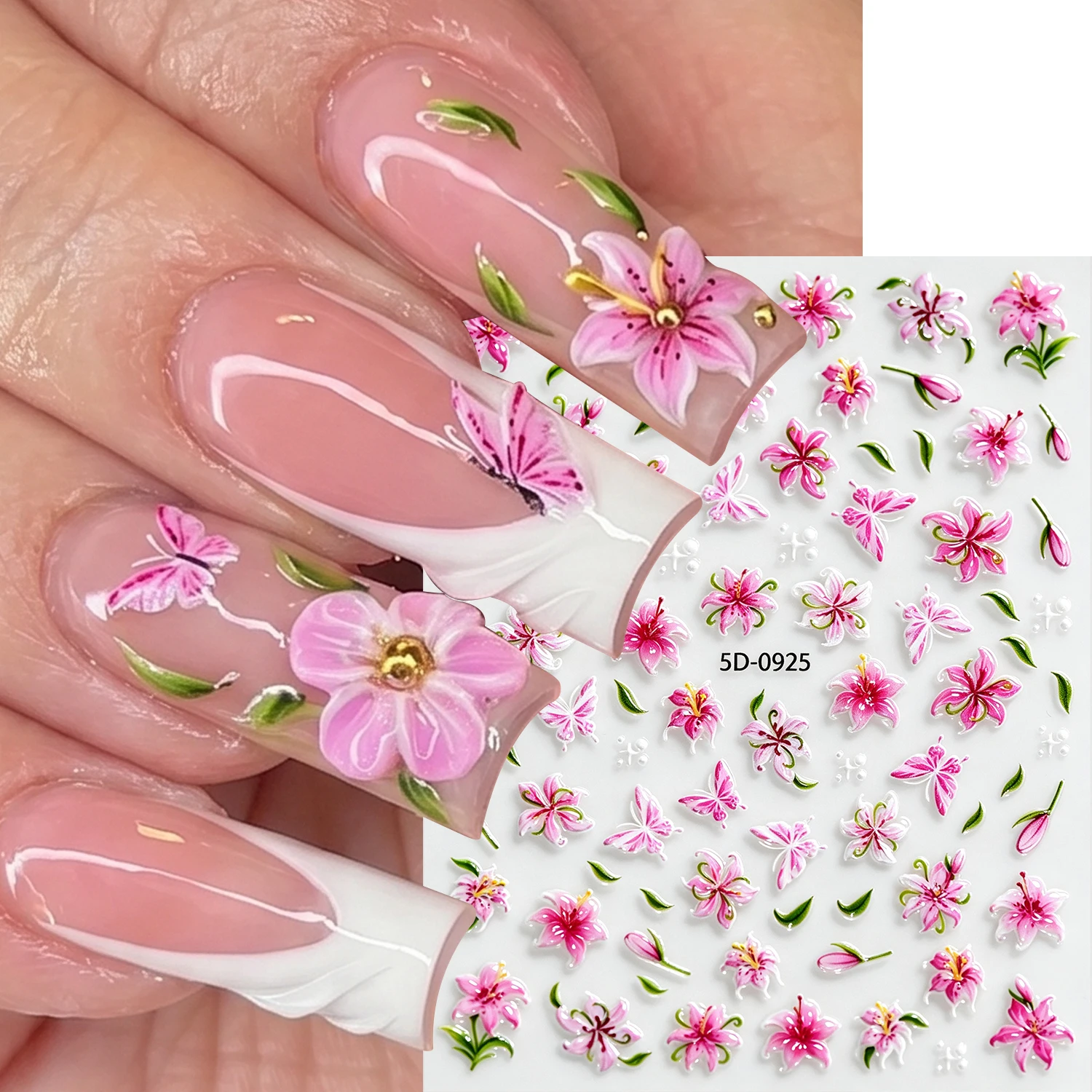 1Pcs 5D Embossed Pink Lily Flower Butterfly Nail Stickers Leopard Spot Print Floral Self Adhesive Decal for Daily Manicure Decor